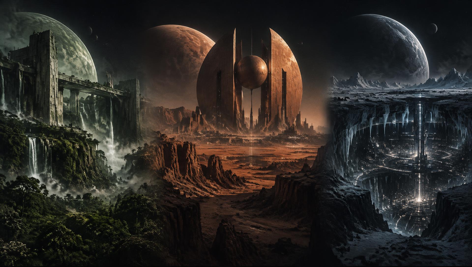 Três paisagens futuristas representando possibilidades de construção